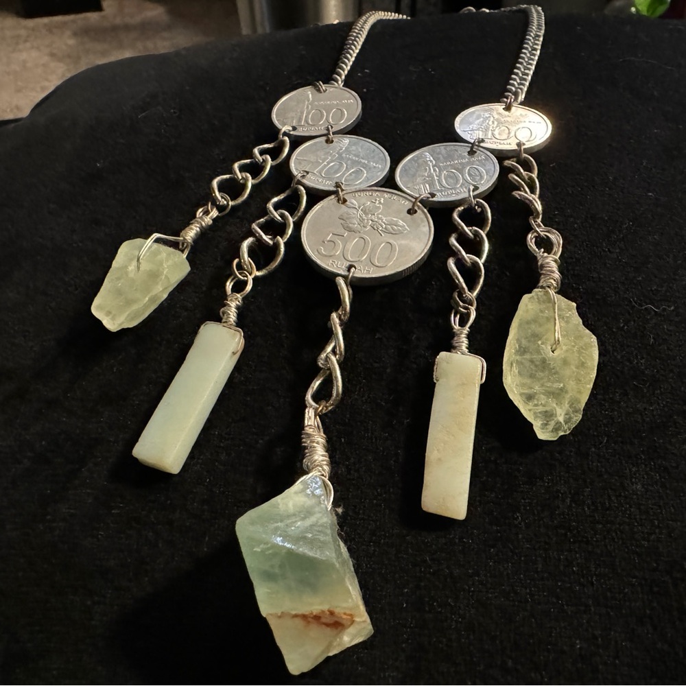 Handmade custom necklace with real crystals and Thai coins.
